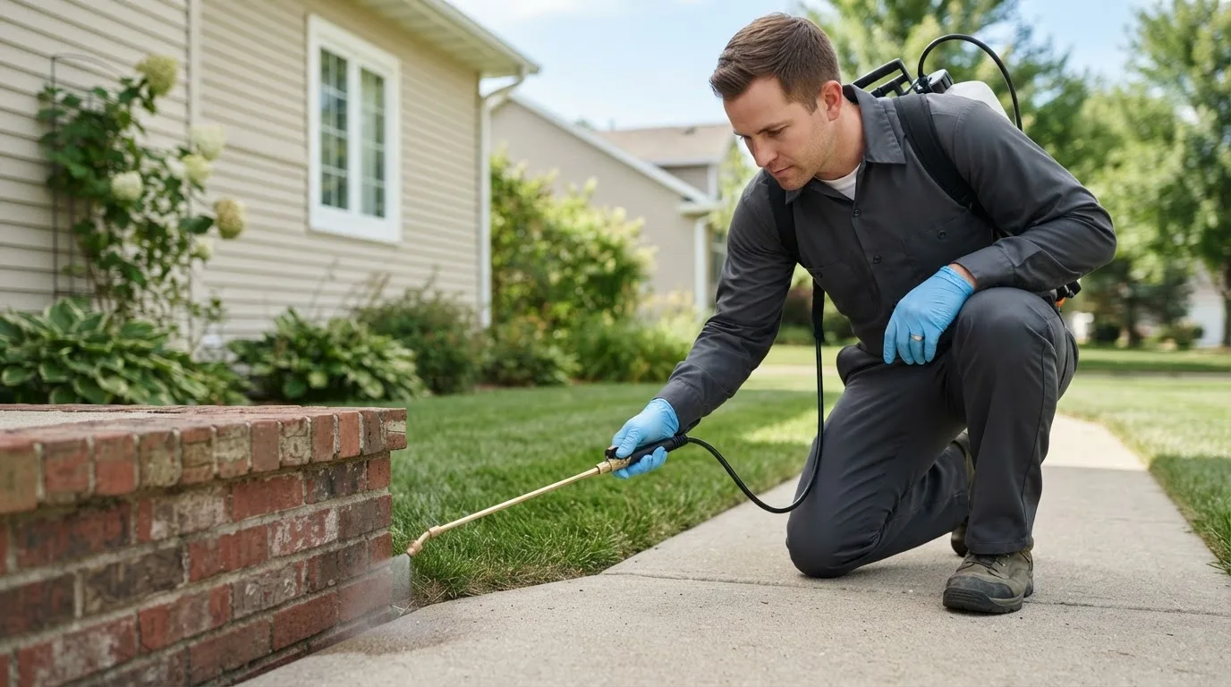 Pest control technician treating a home near Linesville, PA