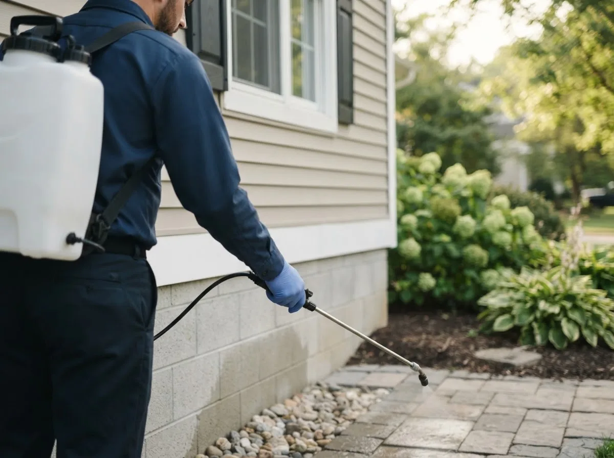 Pest control technician inspecting a home in Linesville, PA